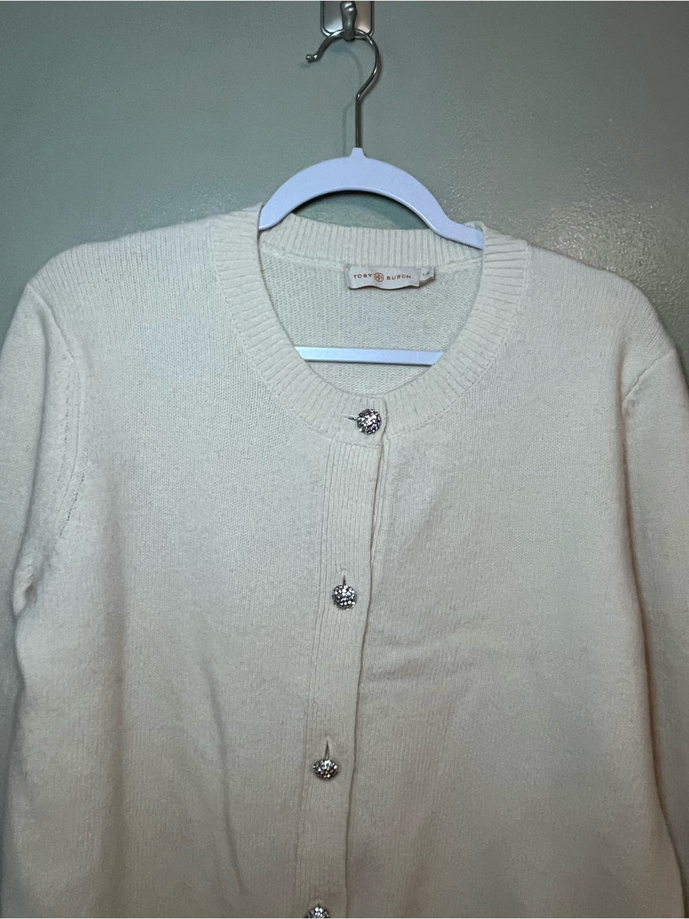 Tory Burch Cream Crystal-Button Knit Cardigan Wool Preppy L - Picture 6 of 11